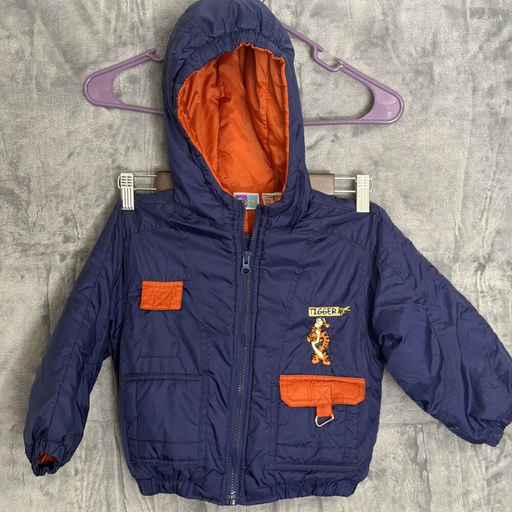 Vtg Y2K Winnie the Pooh Tigger Kids Puffer Jacket 3T Navy Orange Hooded Disney